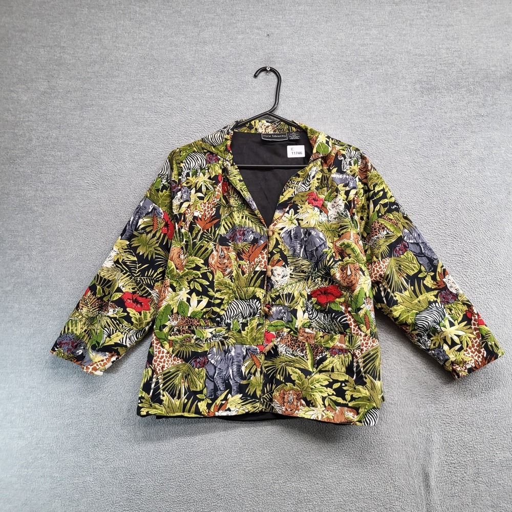 New Identity Women Jacket Large Green Safari Print Blazer‎